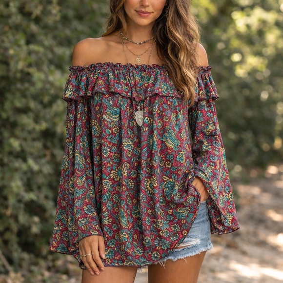 Earthbound Trading Co Tops - Earthbound Boho Off Shoulder Floral Tunic Size L Ruffle Festival Top